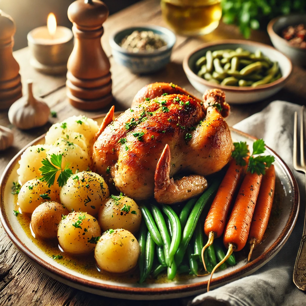 Grydestegt Kylling med Persillesauce og Små Kartofler